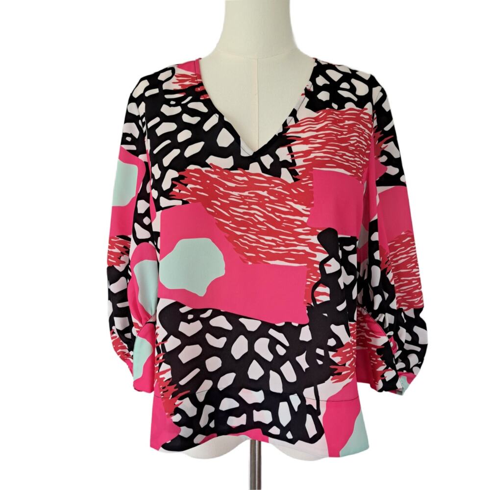 CROSBY by Mollie Burch V-neck Top Small Doodles Pink Multi Boxy 3/4 Sleeve